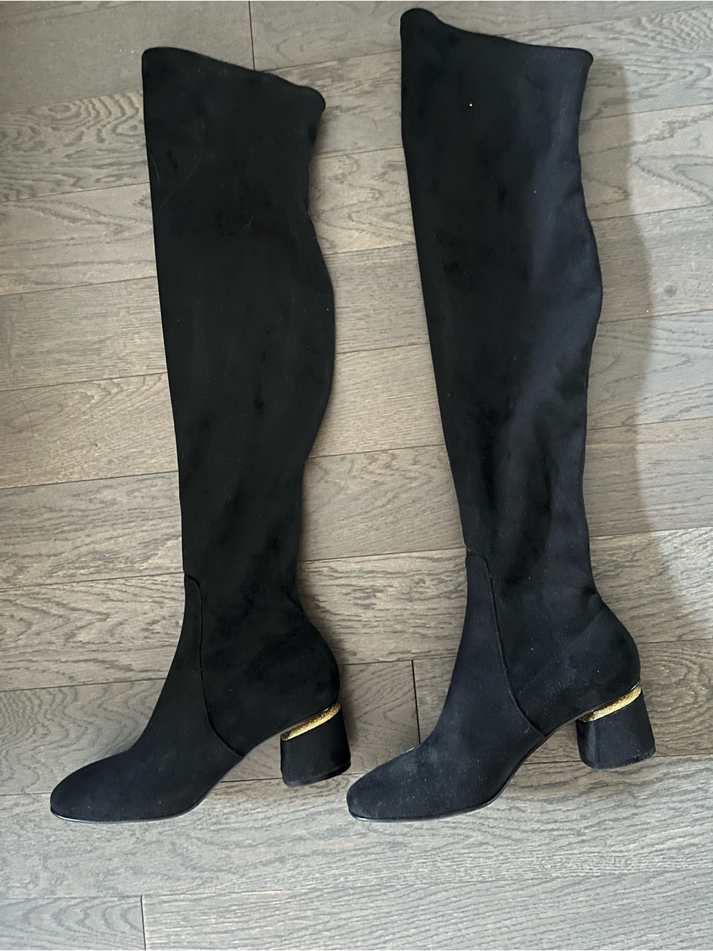 Black Over-the-Knee Suede Boots, Size 37.5, brand new but no box. No zipper
